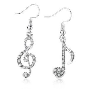 Silver Jeweled Music Note Drop Earrings